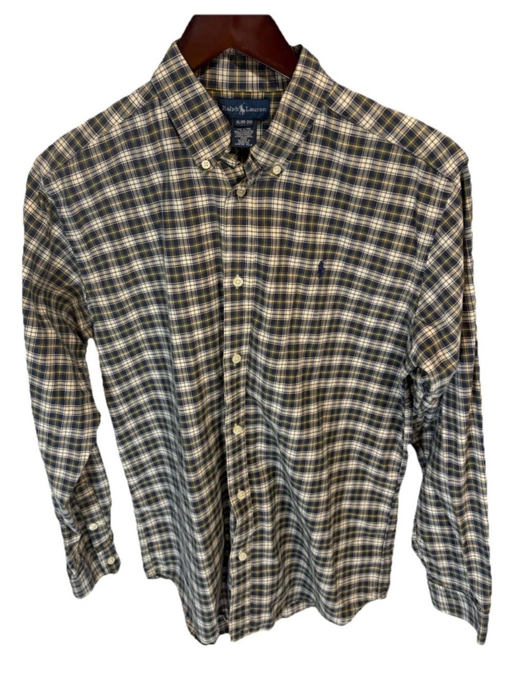 Polo Ralph Lauren Youth Plaid Long Sleeve Button Down XL 18-20 Green Blue Yellow